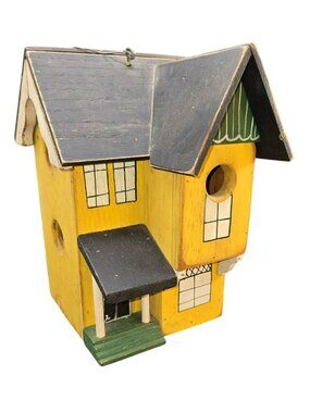 Vintage Wooden House-Shaped Birdhouse With Yellow Exterior Rustic Decor CM2263